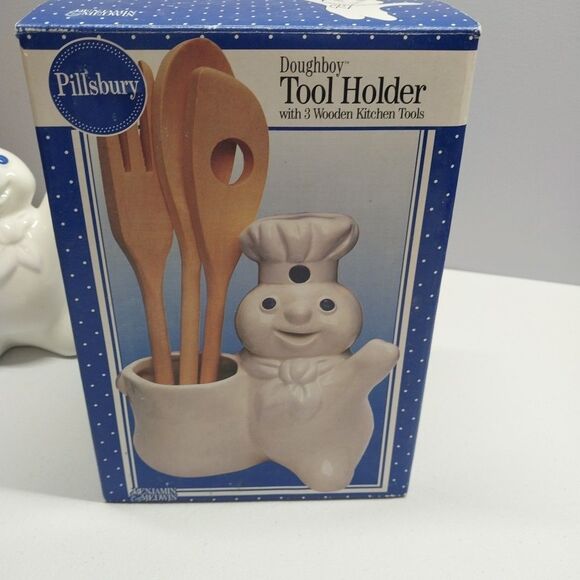Vtg Pillsbury Doughboy Poppin Fresh Kitchen Tool Holder Wooden Utensils Included - Picture 14 of 16